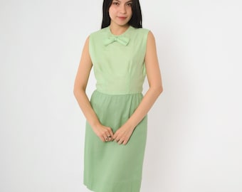 Vintage 60s Green Sleeveless Dress Bow Neckline Tonal Pastel Sage Party Dress Mod Secretary Style Midi 1960s Mid Century Hourglass Small 4
