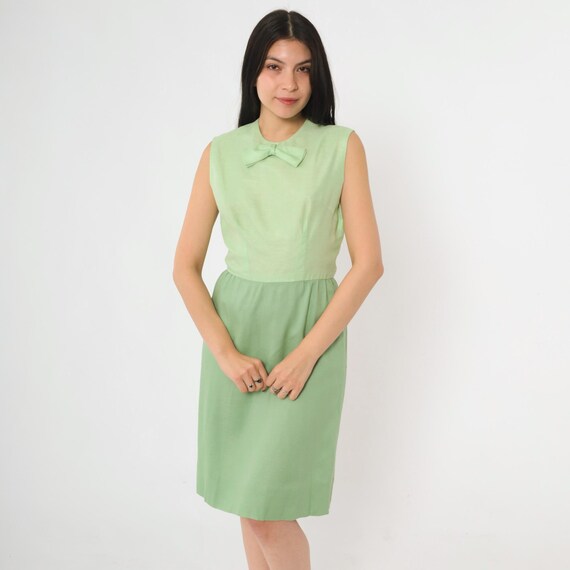 Vintage 60s Green Sleeveless Dress Bow Neckline Tonal Pastel Sage Party Dress Mod Secretary Style Midi 1960s Mid Century Hourglass Small 4