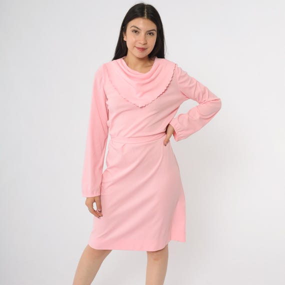 70s Cowl Neck Dress Pink Vintage Kay Windsor Scallop Collar Long Sleeve Wrap Tie BeltOffice Secretary Elegant Romantic Medium M