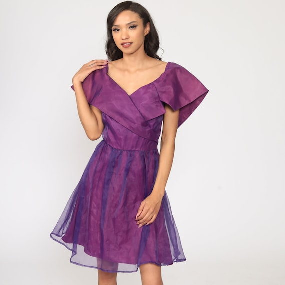 70s Purple Organza Dress Sheer High Waist Wrap Mini Prom Dress 1970s Deep V Neck Party Vintage Glam High Waisted Small