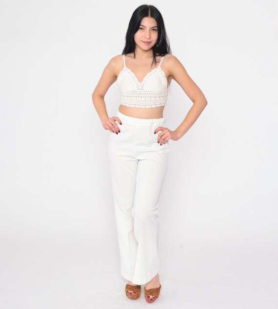 White Trousers 70s Straight Wide Leg Pants Retro High Waisted Rise Creased Pants Seventies Preppy Slacks Elastic Waist Vintage 1970s Medium