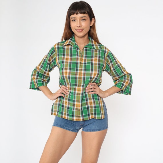 Green Checkered Shirt 70s Plaid Blouse Yellow Hippie Tunic Top Boho Plaid Shirt 1970s Vintage 3/4 Sleeve Small