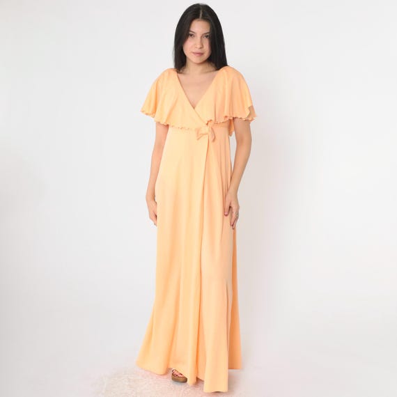 70s Flutter Sleeve Party Dress Peach Orange Capelet Grecian Maxi Dress 1970s Boho Empire Waist Gown Deep V Neck Formal A-line Draped Medium