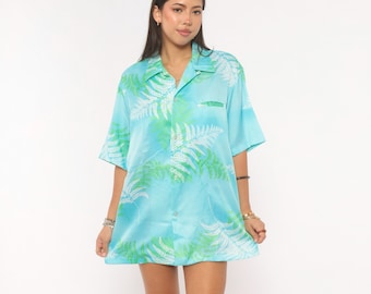 80s Fern Print Hawaiian Shirt Malihini Aqua Blue Green Leaf Short Sleeve Tropical Aloha Top Island Resort Vacation Unisex Vintage Medium M