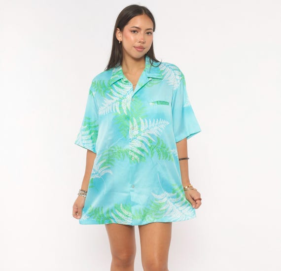 80s Fern Print Hawaiian Shirt Malihini Aqua Blue Green Leaf Short Sleeve Tropical Aloha Top Island Resort Vacation Unisex Vintage Medium M