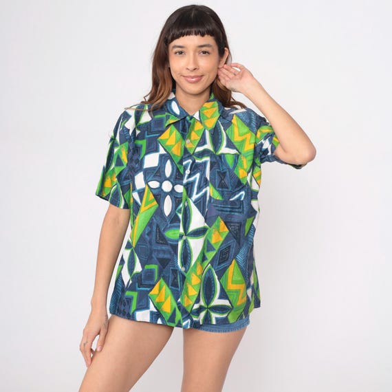 70s Hawaiian Shirt Bold Geometric Abstract Print Button Front Short Sleeve Cotton Blue Green Mens Tropical Vacation Resort Vintage Large L