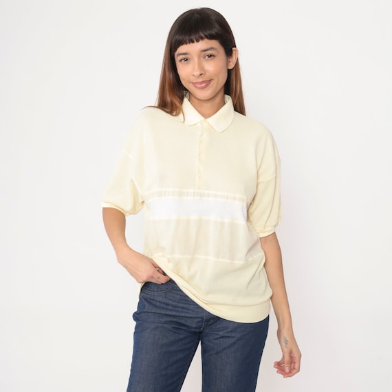 Yellow Polo Shirt 80s Waffle Knit Top Retro Pastel Short Sleeve Collared Shirt Preppy Normcore Striped White 1980s Vintage Large L