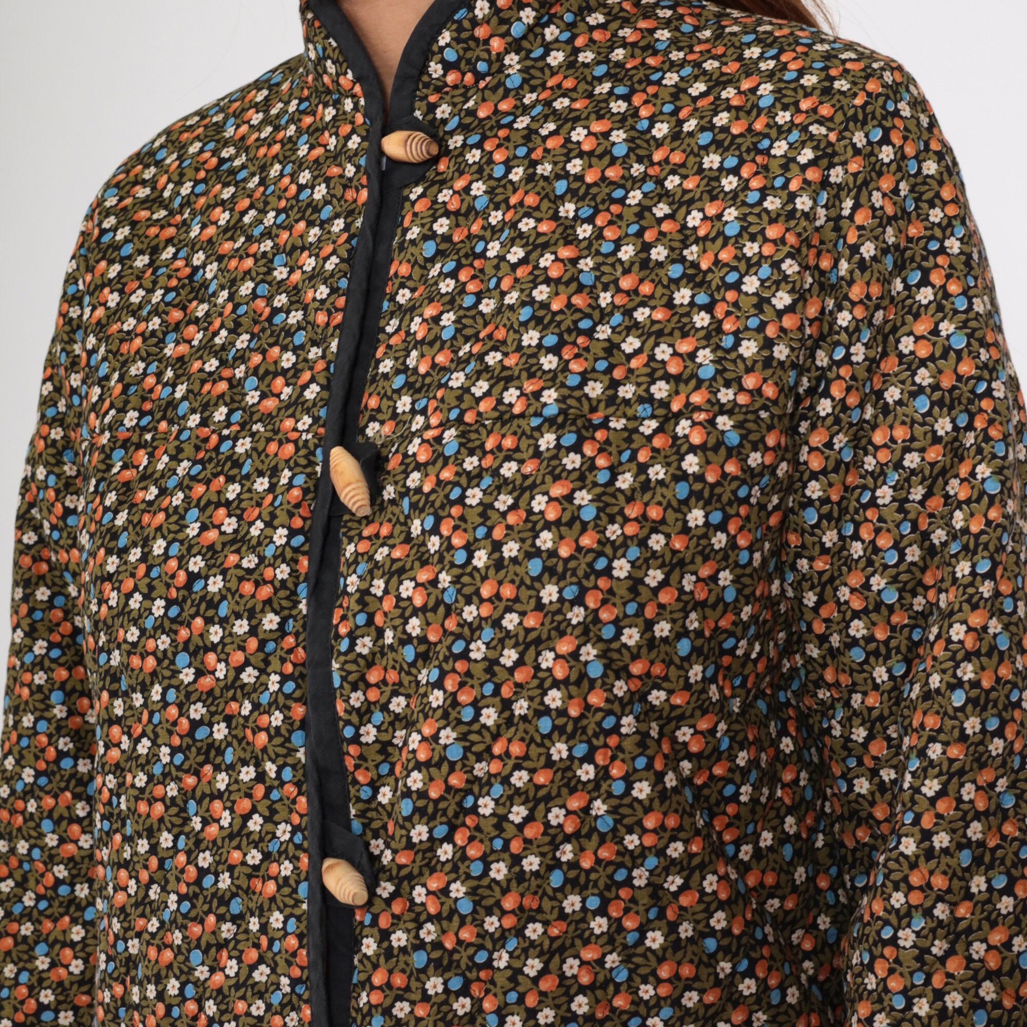 Floral Quilted Jacket 70s Toggle Button up Hippie Jacket Floral Quilted Jacket 70s Toggle Button up Hippie Jacket