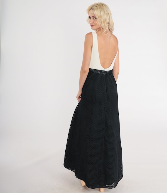 Black and White Gown 90s Long Party Dress Mesh Lace Maxi Sleeveless Low Back High Waisted Backless Cocktail Evening Vintage 1990s Small S