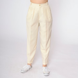 Cream Pleated Pants 80s Trousers High Waisted Rise Straight Tapered Leg Slacks Basic Plain Baggy Preppy Vintage 1980s Small S 4