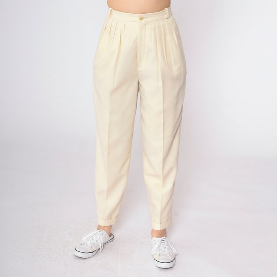 Cream Pleated Pants 80s Trousers High Waisted Rise Straight Tapered Leg Slacks Basic Plain Baggy Preppy Vintage 1980s Small S 4