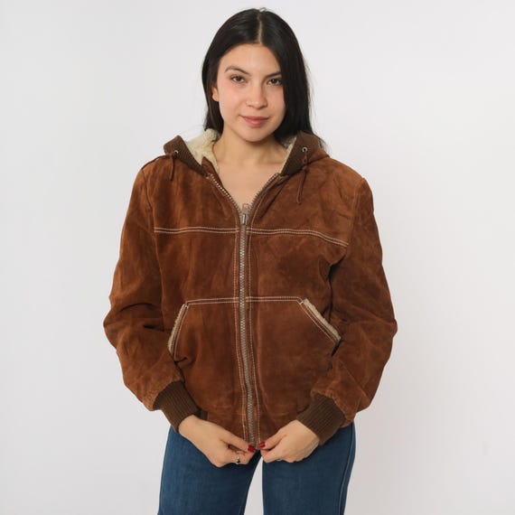 Vintage Hooded Suede Leather Jacket 70s Brown Sherpa Lined Hoodie Coat Shearling 1970s Boho Hood Fleece Men's 38 Medium