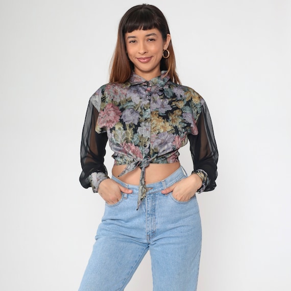 90s Floral Crop Top Button Up Blouse Embossed Sheer Chiffon Sleeves Shirt Tie Up Waist Top Purple Pink Black Cropped 1990s Small
