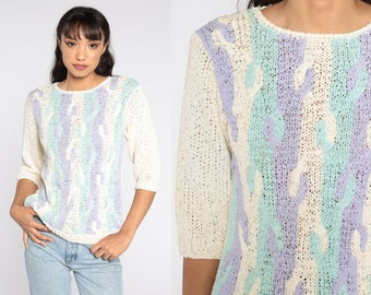 80s Sweater Top Pastel Abstract Cable Knit Slouchy Knit Sweater Blue Purple Pullover Jumper Vintage Slouchy 3/4 Sleeve Sweater Small Medium