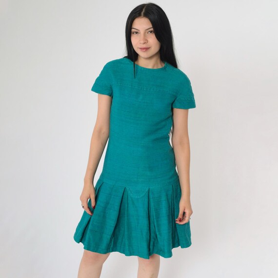 Vintage 60s Teal Mod Dress Drop Waist Mini Cocktail Party Short Sleeve Fit Flare Pleated Skirt Textured Raw Slub Fabric 1960s Extra Small xs