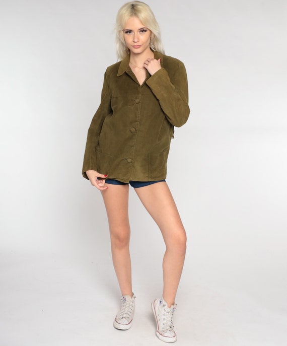 Faux Suede Shirt 70s Olive Green Button up Shirt … - image 3