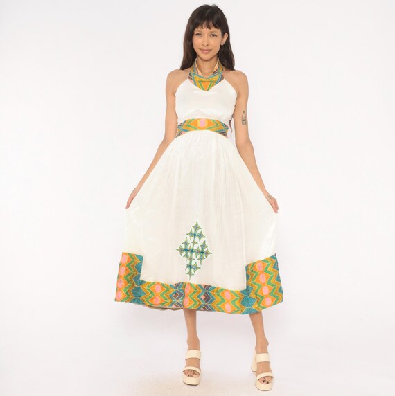 90s Bohemian Halter Dress White Cotton Gauze Embroidered Cross Motif Geometric Trim Midi Open Backless Summer Hippie Teal Orange Small S