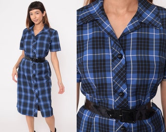 Blue Plaid Dress 70s Midi Dress Shirtdress Shift Button Up Dress Collared Black Checkered Short Sleeve Vintage 1970s Preppy Small S