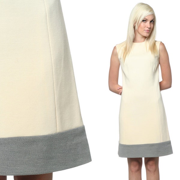 60s Mod Dress Color Block  Shift ALine Stewardess Cream & Grey Wool Mini 1960s Vintage Small Medium S M