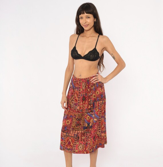 90s Bohemian Patchwork Skirt Red Burgundy Tribal Midi A Line Drawstring Folk Art Carpet Pattern Gold Blue Floral Geometric Vintage Small S