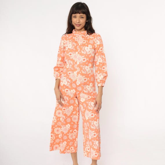 70s Floral Jumpsuit Orange Cream White Wide Leg Palazzo Mock Neck Cotton Cottagecore Disco Flower Power 60s Hippie One Piece Vintage Small S