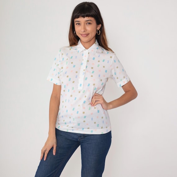 Golf Polo Shirt 80s White Geometric Vintage Collared Short Sleeve Top Pastel Abstract Button Front Preppy Golf Tennis Casual Small S