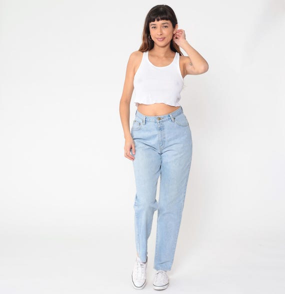 90s High Waisted Jeans Light Blue Denim Straight Leg Mom Style Button Fly Cotton Vintage Minimalist Classic Everyday Casual Pants Medium M