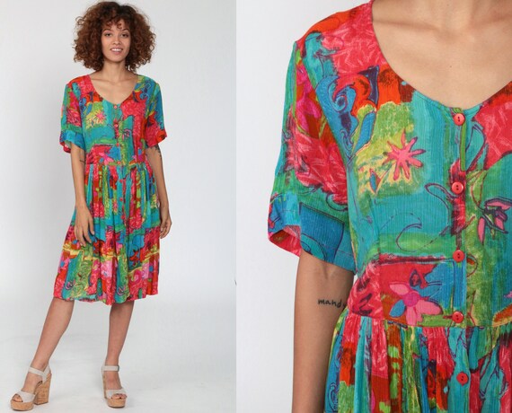 90s Floral Dress Red Blue Midi Summer Dress Button Up Boho Bright Garden Print High Waisted 1990s Bohemian Small
