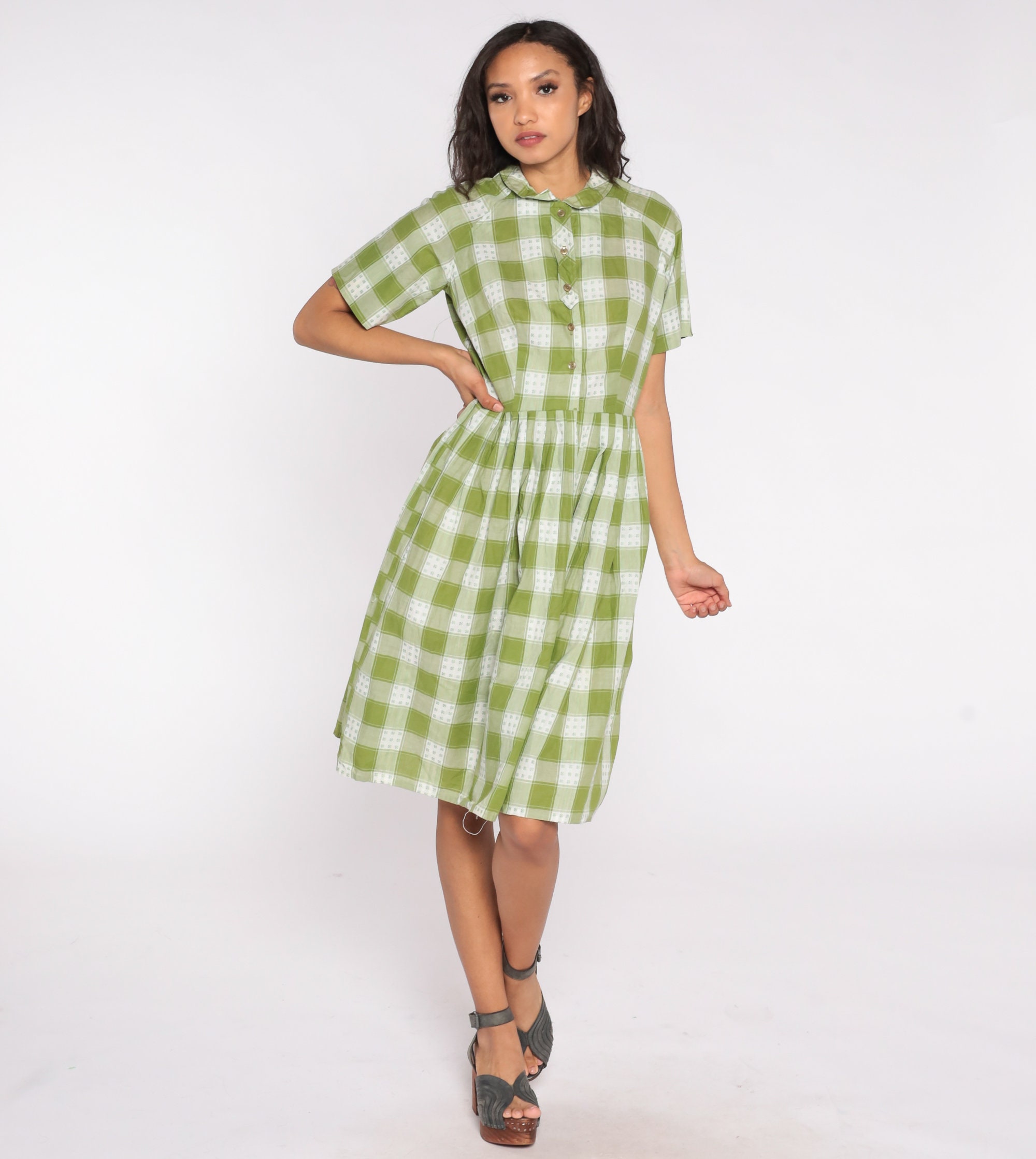 60s Plaid Dress Green Day Dress Button Up Peter Pan Collar 1960s ...