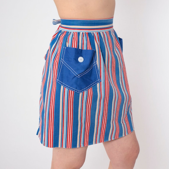 60s Apron Skirt Reversible Half Apron Red White Blue Striped Open Back Diner Waitress Uniform Pinafore Mini Vintage 1960s Extra Small xs