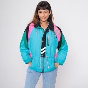 Demetre Ski Jacket 80s 90s Turquoise Color Block Hot Pink Black Winter Coat Puffy Jacket Puffer Coat Neon 1990s Vintage Puff Jacket Small