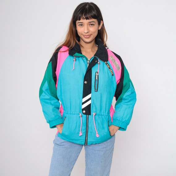 Demetre Ski Jacket 80s 90s Turquoise Color Block Hot Pink Black Winter Coat Puffy Jacket Puffer Coat Neon 1990s Vintage Puff Jacket Small