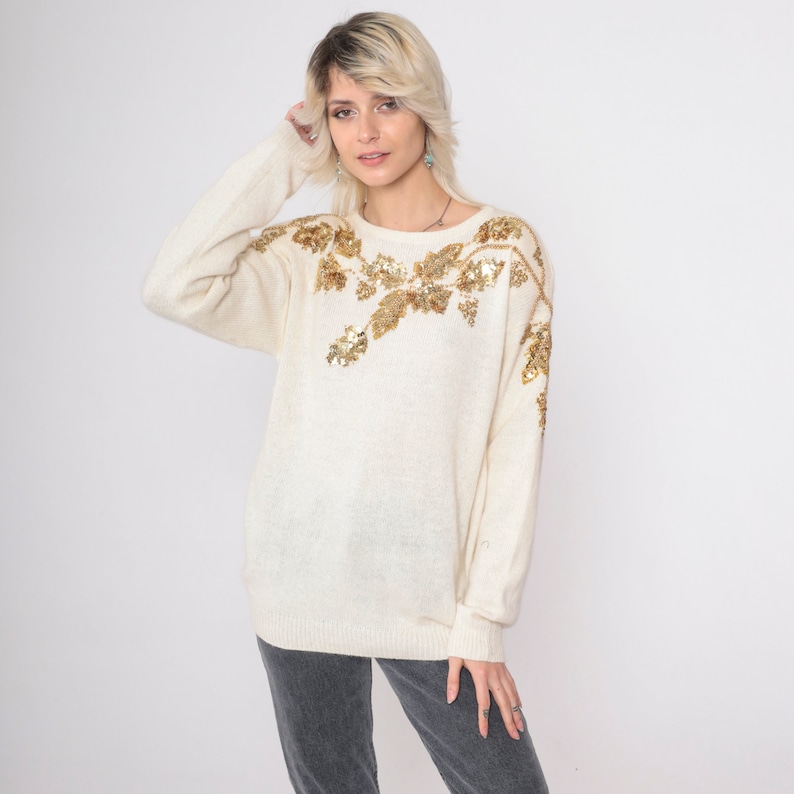 Cream Sequin Sweater 80s Beaded Silk Angora Wool Sweater Gold Leaf Slouchy Pullover Jumper Sweater 90s Vintage Party Holiday Sweater Medium image 3