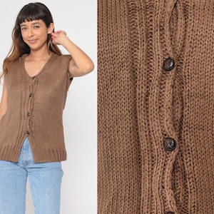 Brown Button Up Vest 80s Knit Vest Vintage Sweater Vest Plain Basic Top Professor Preppy Waistcoat Layering 1980s Medium M