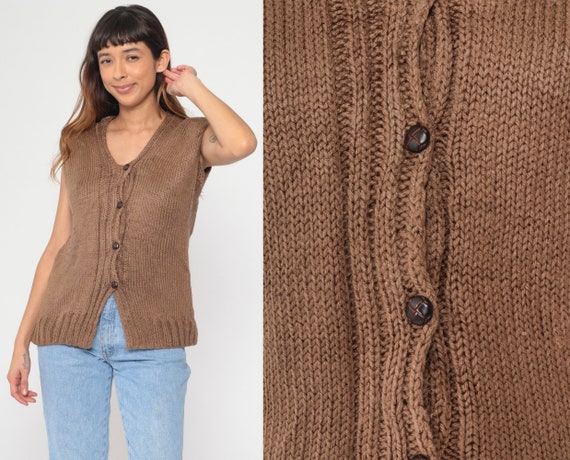 Brown Button Up Vest 80s Knit Vest Vintage Sweater Vest Plain Basic Top Professor Preppy Waistcoat Layering 1980s Medium M