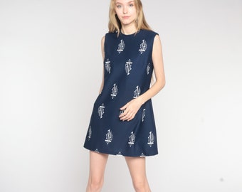 Vintage 70s Shift Dress Mod Mini Dress Navy Blue Abstract Stamp Print Retro Summer Day Dress Sleeveless Simple Chic Boho 1970s Medium M