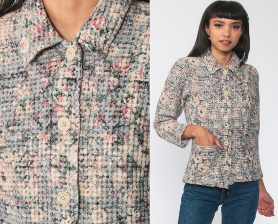 Waffle Knit Floral Shirt 90s Button Up Blouse Floral Jacket Cotton Long Sleeve Top Grunge Boho 1990s Vintage Bohemian Small