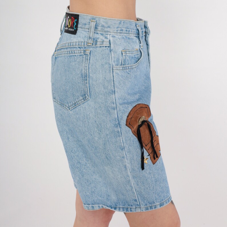 Cowboy Jean Shorts 90s High Waisted Denim Mom Shorts Western Star Hat Boot Patch Studded Concho Rodeo Mid Length Vintage 1990s Medium 30 image 5