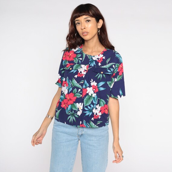 Tropical Floral Blouse 80s Button Up Short Sleeve Top 1980s Vintage Bohemian Jungle Shirt Blue 90s Medium Large