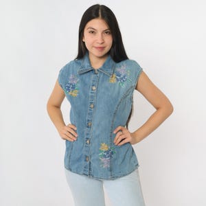 Vintage Floral Denim Shirt 90s Embroidered Sleeveless Top Blue Jean Button Up Blouse Retro Hippie Garden Flower Print 1990s Cotton Small