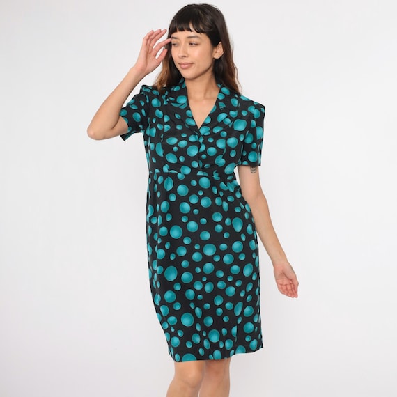 90s Polka Dot Dress Black Teal Midi Retro Short Puff Sleeve Day Casual V Neck High Waisted Vintage 1990s Medium