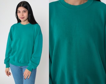 Teal Green Crewneck Sweatshirt 90s Plain Long Sleeve Shirt Crewneck Sweatshirt Slouchy Vintage Sweat Shirt Blank Sweatshirt Large