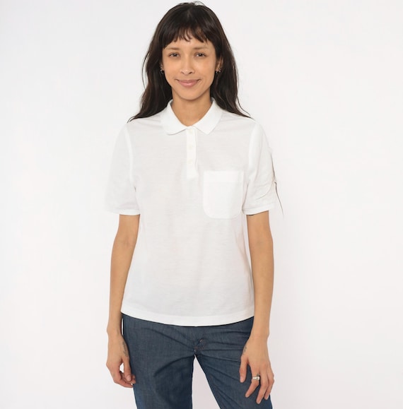 80s White Polo Shirt Pocket Embroidered Monogram Collar Button Pique Knit Cotton Ivory Tennis Preppy Top Short Sleeve Blouse Vintage Small S