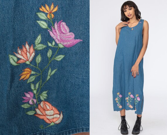 Floral Denim Dress EMBROIDERED Dress 90s Midi Jea… - image 1