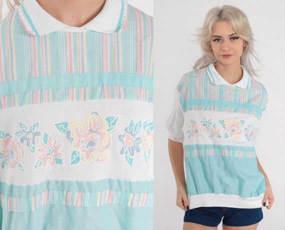 80s Floral Shirt White Striped Polo Retro Slouchy Collared T-Shirt Short Sleeve Banded Hem Top Flower Print Blue Pink Vintage 1980s Medium