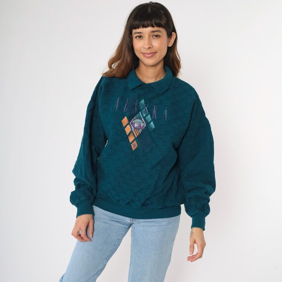 Vintage Alaska Sweatshirt 90s Teal Blue Wilderness Club Mountain Destination Travel Collared 1990s Retro Nature Shirt Cotton Size Large L