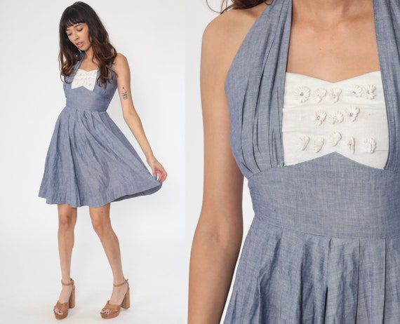 50s Bombshell Dress Blue Rhinestone Daisy Dress Mi