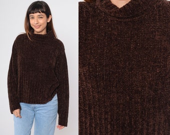 Chenille Cowl Neck Sweater 90s Dark Brown Acrylic Knit Sweater Turtleneck Ribbed Pullover Slouchy Plain Cozy Jumper Vintage 1990s Large L