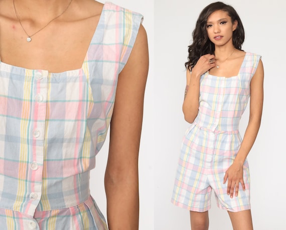 Checkered Romper Playsuit Pastel Plaid Romper 90s
