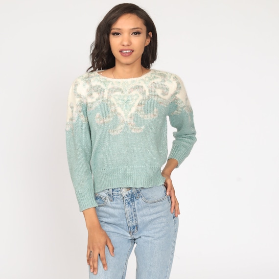 Blue Beaded Sweater 80s PUFF SLEEVE Sweater Boho Knit 1980s Pullover Geometric Pastel Sweater Vintage Jumper Bohemian Small